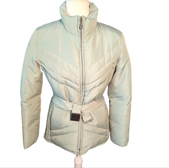 Larry Levin Vtg pistachio green fitted down filled puffer jacket with belt sz XS - Picture 13 of 15